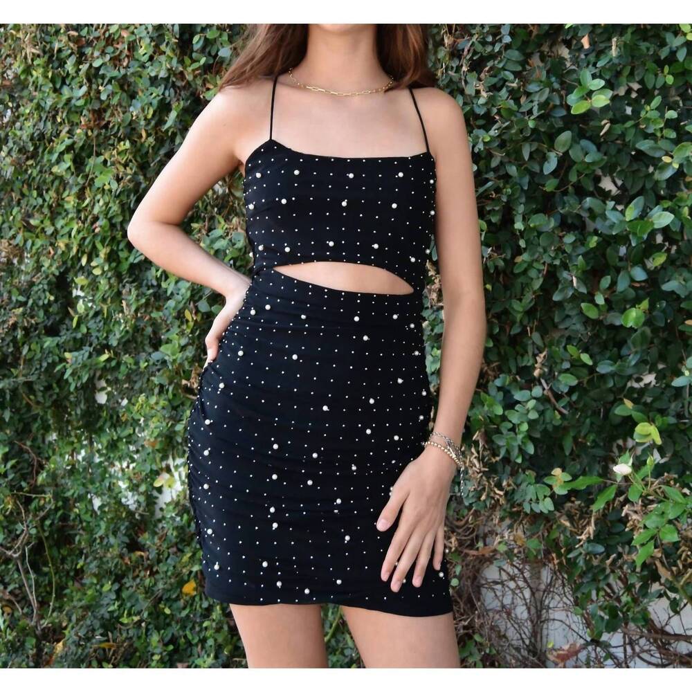 NEW THEME maddison pearl and stud mesh cut out dress in black